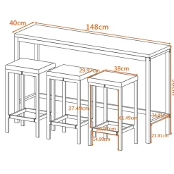 Ensemble table et chaises 148x40x90 cm avec 3 chaises, table rectangulaire métal plateau MDF brun-gris