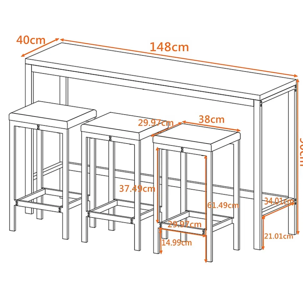 Ensemble table et chaises 148x40x90 cm avec 3 chaises, table rectangulaire métal plateau MDF brun-gris