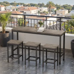 Ensemble table et chaises 148x40x90 cm avec 3 chaises, table rectangulaire métal plateau MDF brun-gris