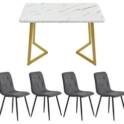 Ensemble table et chaises 117x68x75 cm avec 4 chaises, rectangulaire, assise rembourrée et piètement métal doré