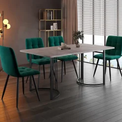 Ensemble Table et Chaises - Table Rectangulaire avec 4 Chaises Rembourrées en Velours, Pieds Métal, MDF, Gris/Vert - 140x80x75 cm