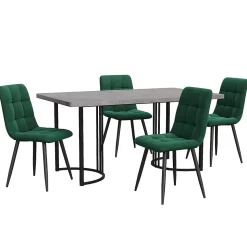 Ensemble Table et Chaises - Table Rectangulaire avec 4 Chaises Rembourrées en Velours, Pieds Métal, MDF, Gris/Vert - 140x80x75 cm