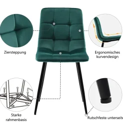 Ensemble Table et Chaises - Table Rectangulaire avec 4 Chaises Rembourrées en Velours, Pieds Métal, MDF, Gris/Vert - 140x80x75 cm