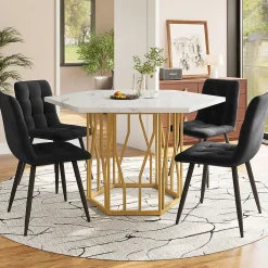 Ensemble table et chaises 115,5x100x75 cm avec 4 chaises, table hexagonale piétement métal doré