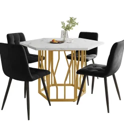 Ensemble table et chaises 115,5x100x75 cm avec 4 chaises, table hexagonale piétement métal doré