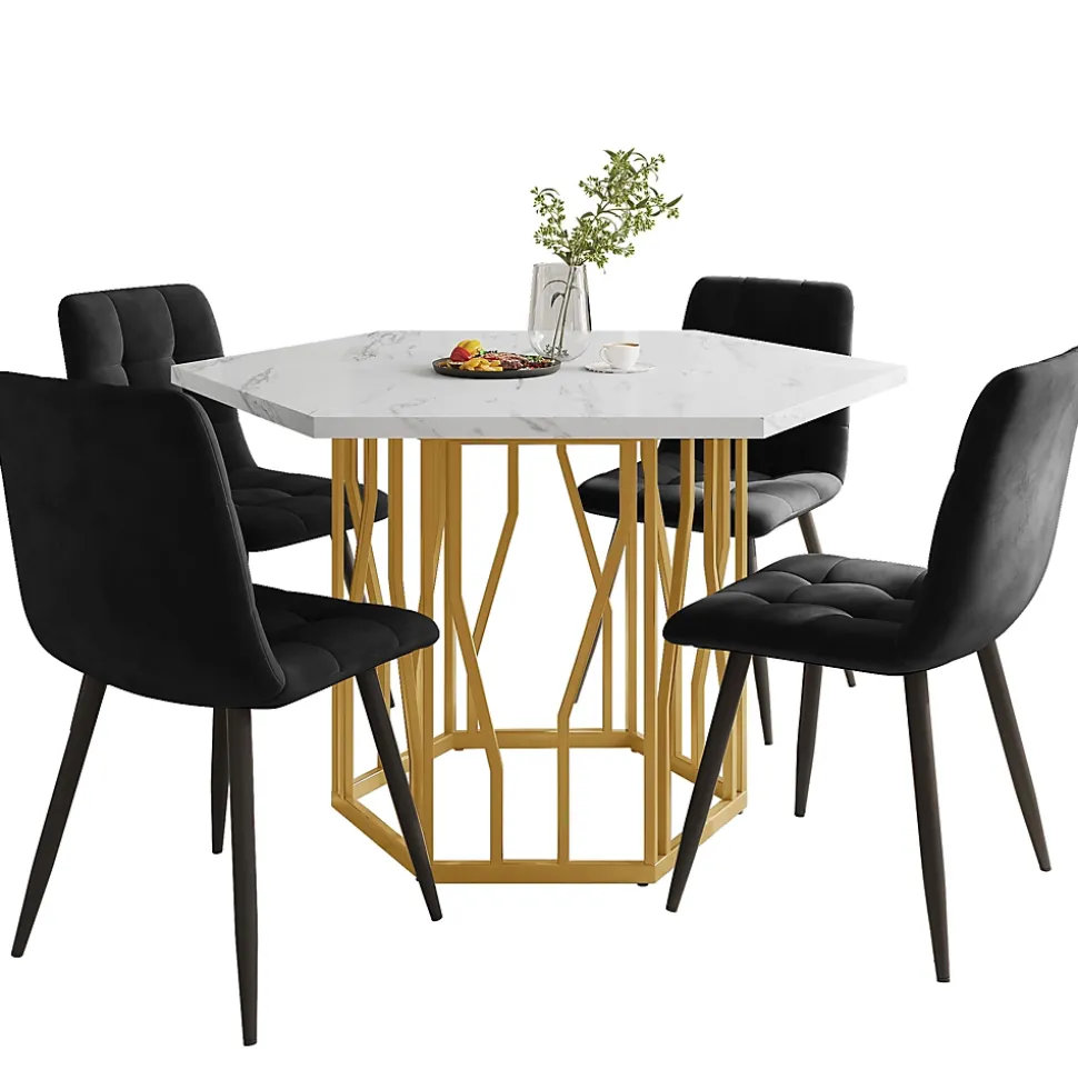 Ensemble table et chaises 115,5x100x75 cm avec 4 chaises, table hexagonale piétement métal doré