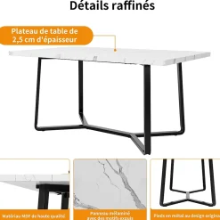 Ensemble Table et Chaises - Table Rectangulaire et 4 Chaises Velours, Salle à Manger Moderne, Plateau Effet Marbre, Gris et Blanc