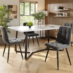 Ensemble Table et Chaises - Table Rectangulaire et 4 Chaises Velours, Salle à Manger Moderne, Plateau Effet Marbre, Gris et Blanc