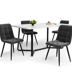 Ensemble Table et Chaises - Table Rectangulaire et 4 Chaises Velours, Salle à Manger Moderne, Plateau Effet Marbre, Gris et Blanc