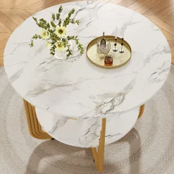 Ensemble table et chaises ronde 80x76 cm avec 4 chaises assise rembourrée velours structure métal doré