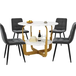 Ensemble table et chaises ronde 80x76 cm avec 4 chaises assise rembourrée velours structure métal doré