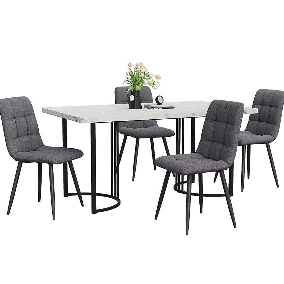 Ensemble table et chaises 140x80x75 cm avec 4 chaises, table rectangulaire MDF marbre, chaises en lin