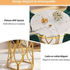 Ensemble Table et Chaises - Table Ronde et 4 Chaises Velours, Salle à Manger Moderne avec Pieds Métal Doré, Vert et Blanc