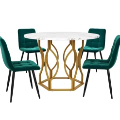 Ensemble Table et Chaises - Table Ronde et 4 Chaises Velours, Salle à Manger Moderne avec Pieds Métal Doré, Vert et Blanc