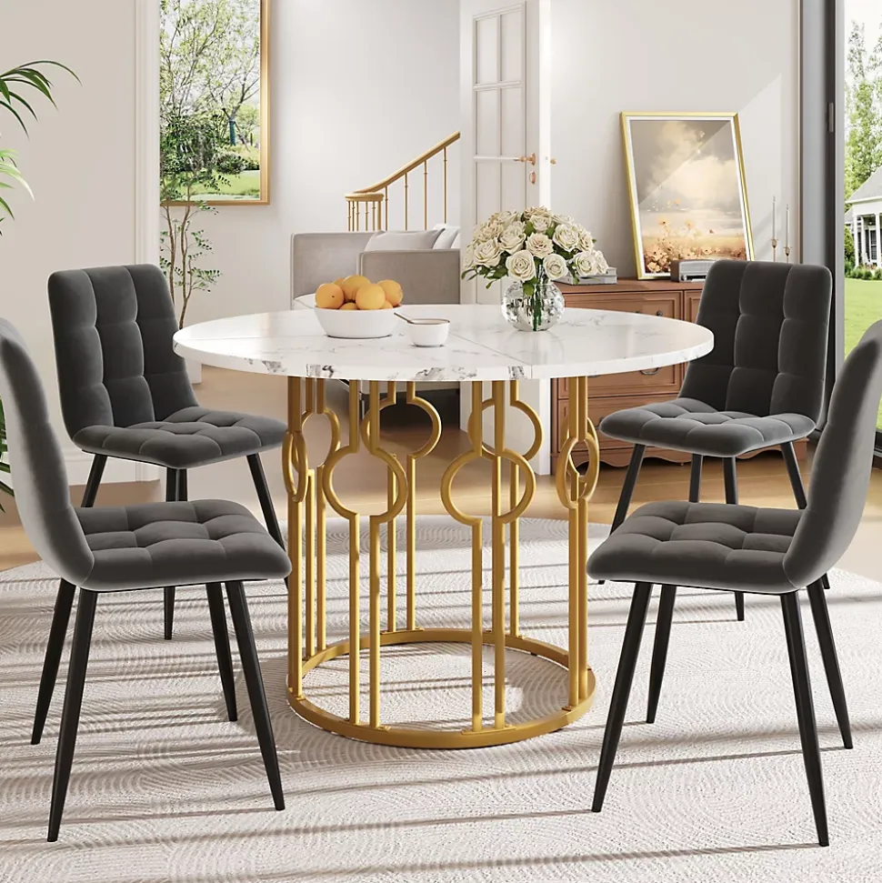 Ensemble table et chaises 100x100x76 cm avec 4 chaises, table ronde MDF effet marbre et chaises en velours