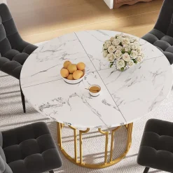 Ensemble table et chaises 100x100x76 cm avec 4 chaises, table ronde MDF effet marbre et chaises en velours