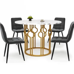 Ensemble table et chaises 100x100x76 cm avec 4 chaises, table ronde MDF effet marbre et chaises en velours