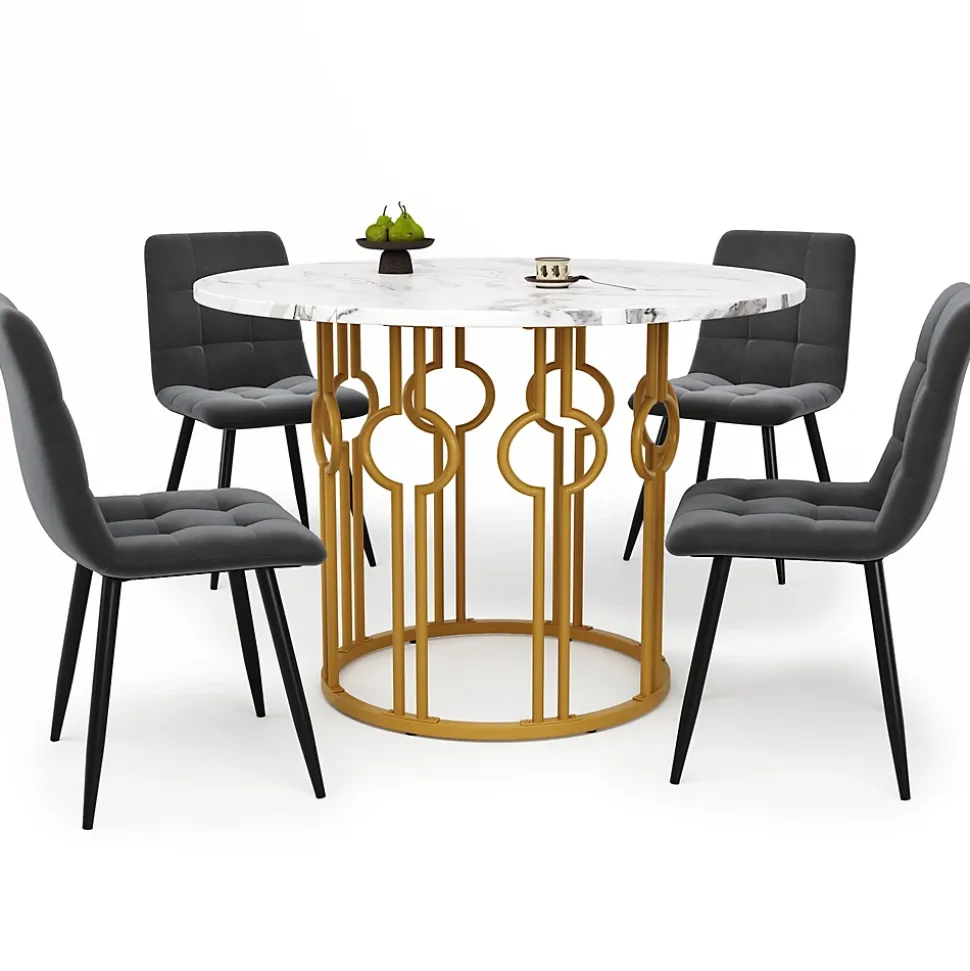 Ensemble table et chaises 100x100x76 cm avec 4 chaises, table ronde MDF effet marbre et chaises en velours
