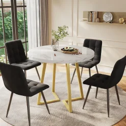 Ensemble table et chaises 80x75 cm, 4 chaises en velours, table ronde plateau MDF marbre et pieds métal doré