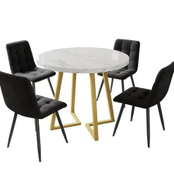 Ensemble table et chaises 80x75 cm, 4 chaises en velours, table ronde plateau MDF marbre et pieds métal doré