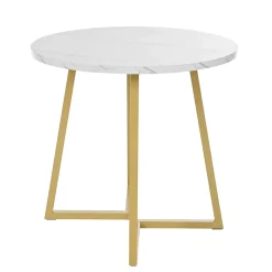 Ensemble table et chaises 80x75 cm, 4 chaises en velours, table ronde plateau MDF marbre et pieds métal doré