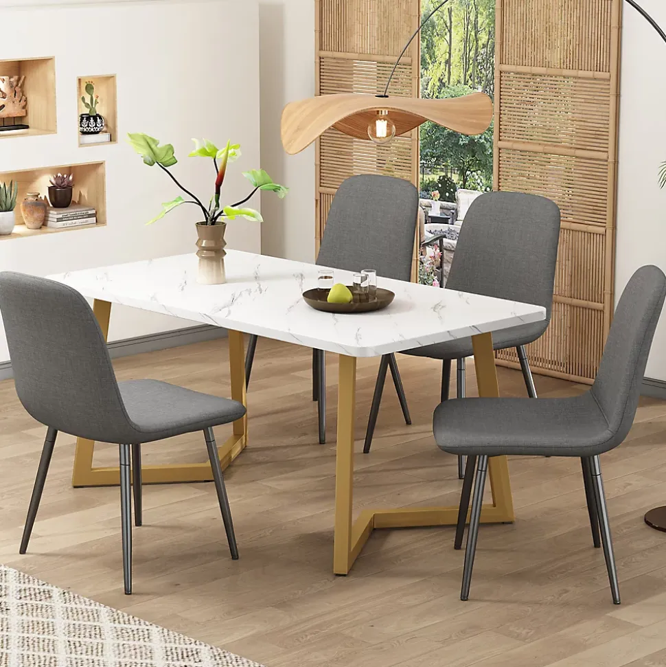 Ensemble table et chaises 117x68x75 cm avec 4 chaises en lin gris, table rectangulaire MDF, pieds métal doré