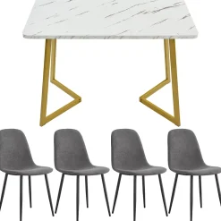 Ensemble table et chaises 117x68x75 cm avec 4 chaises en lin gris, table rectangulaire MDF, pieds métal doré