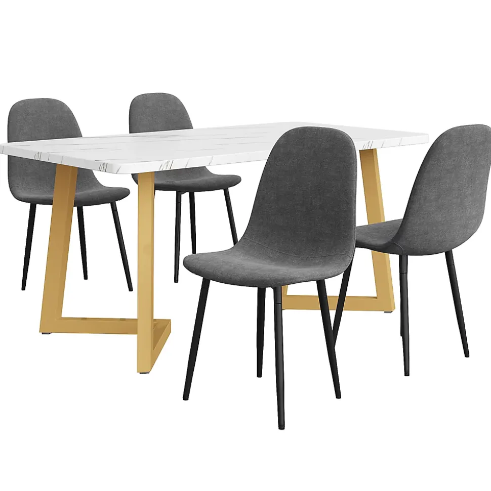 Ensemble table et chaises 117x68x75 cm avec 4 chaises en lin gris, table rectangulaire MDF, pieds métal doré