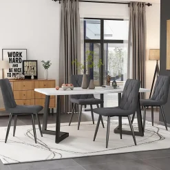 Ensemble Table et Chaises - Table Rectangulaire MDF avec 4 Chaises Lin à Motif Twill, Pieds Métal Noir, Blanc & Gris, 117x68x75 cm