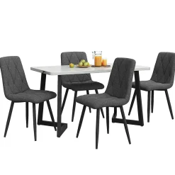 Ensemble Table et Chaises - Table Rectangulaire MDF avec 4 Chaises Lin à Motif Twill, Pieds Métal Noir, Blanc & Gris, 117x68x75 cm