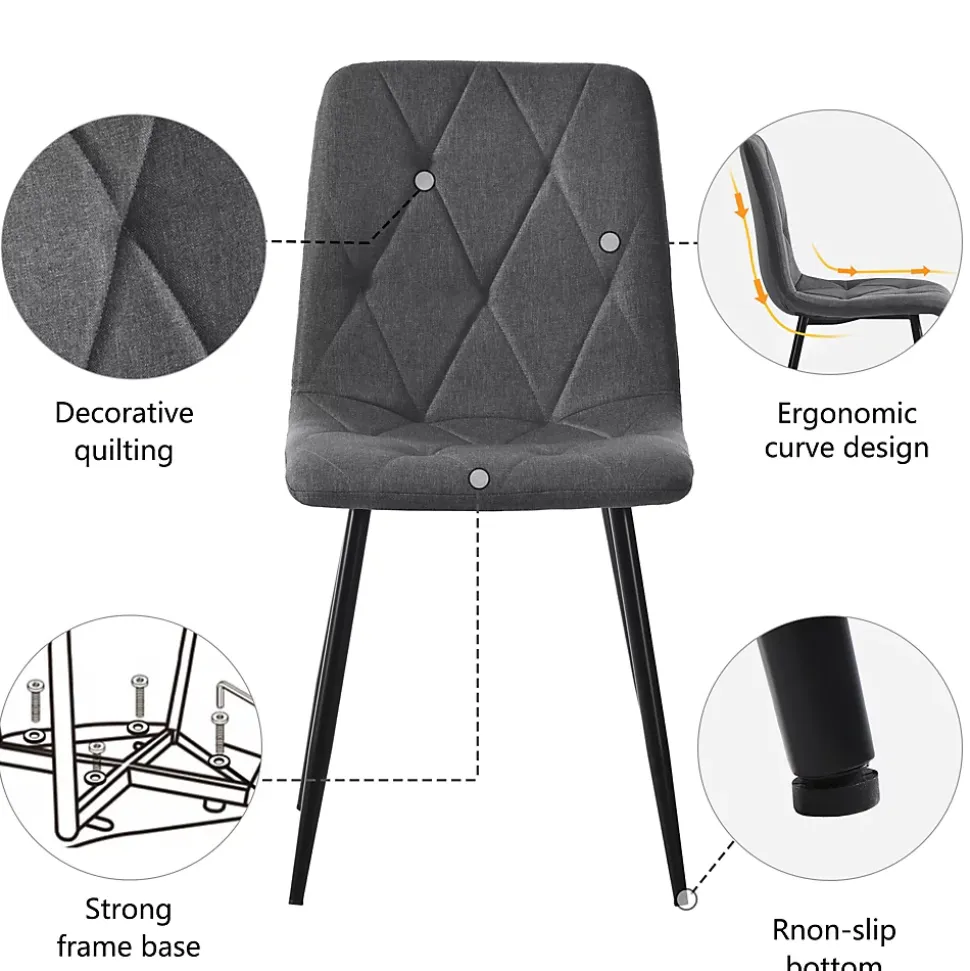 Ensemble Table et Chaises - Table Rectangulaire MDF avec 4 Chaises Lin à Motif Twill, Pieds Métal Noir, Blanc & Gris, 117x68x75 cm