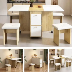 Ensemble table et chaises 120x80x75 cm avec 4 chaises table rabattable et extensible blanc et chêne