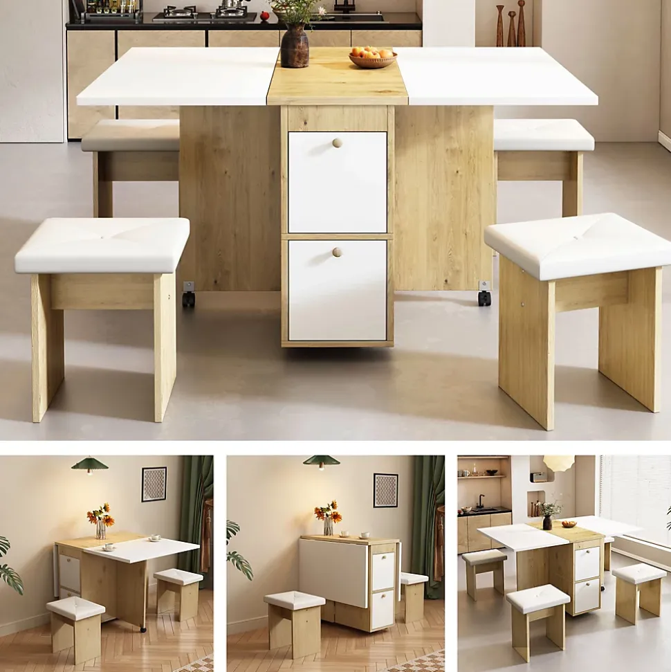Ensemble table et chaises 120x80x75 cm avec 4 chaises table rabattable et extensible blanc et chêne