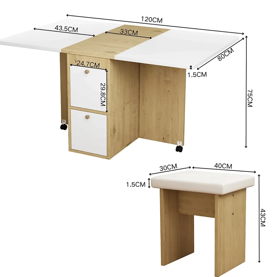 Ensemble table et chaises 120x80x75 cm avec 4 chaises table rabattable et extensible blanc et chêne