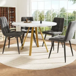 Ensemble table et chaises 80x80x75 cm avec 4 chaises, table carrée MDF, métal, assise velours blanc/doré