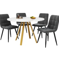 Ensemble table et chaises 80x80x75 cm avec 4 chaises, table carrée MDF, métal, assise velours blanc/doré