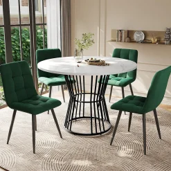 Ensemble table et chaises 100x75x75 cm avec 4 chaises, table ronde MDF motif marbre et chaises velours