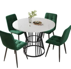 Ensemble table et chaises 100x75x75 cm avec 4 chaises, table ronde MDF motif marbre et chaises velours