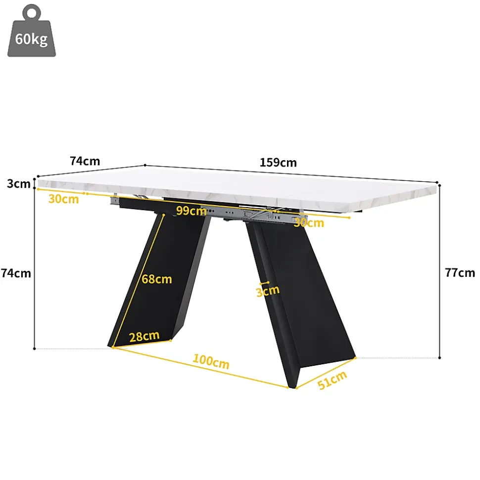 Ensemble table et chaises 99-159x74x77 cm, 4 chaises velours, structure métal, table extensible effet marbre