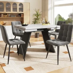 Ensemble table et chaises 99-159x74x77 cm, 4 chaises velours, structure métal, table extensible effet marbre