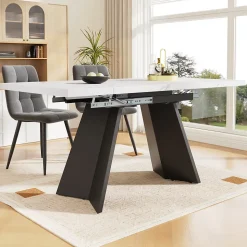 Ensemble table et chaises 99-159x74x77 cm, 4 chaises velours, structure métal, table extensible effet marbre