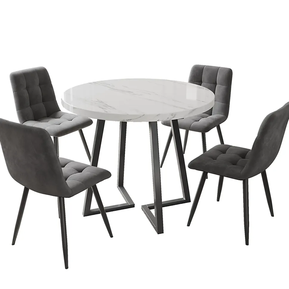 Ensemble table et chaises table ronde diamètre 80 cm, hauteur 75 cm, avec 4 chaises en velours et pieds métal