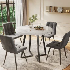 Ensemble table et chaises table ronde diamètre 80 cm, hauteur 75 cm, avec 4 chaises en velours et pieds métal