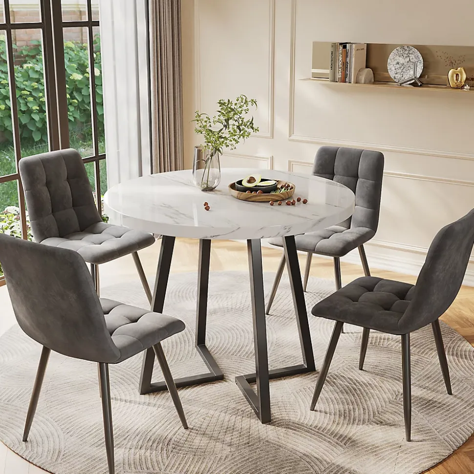 Ensemble table et chaises table ronde diamètre 80 cm, hauteur 75 cm, avec 4 chaises en velours et pieds métal