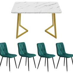 Ensemble table et chaises 117x68x75 cm avec 4 chaises velours vert, table rectangulaire MDF, pieds dorés