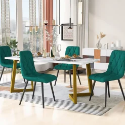 Ensemble table et chaises 117x68x75 cm avec 4 chaises velours vert, table rectangulaire MDF, pieds dorés