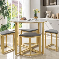 Ensemble Table et Chaises de Salle à Manger Moderne, Table Ronde avec 4 Chaises en Velours Gris et Pieds Dorés, 80x80x75 cm