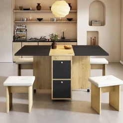 Ensemble Table et Chaises - Table à Manger Extensible 120x80x75 cm avec 4 Chaises - Blanc Chêne Noir