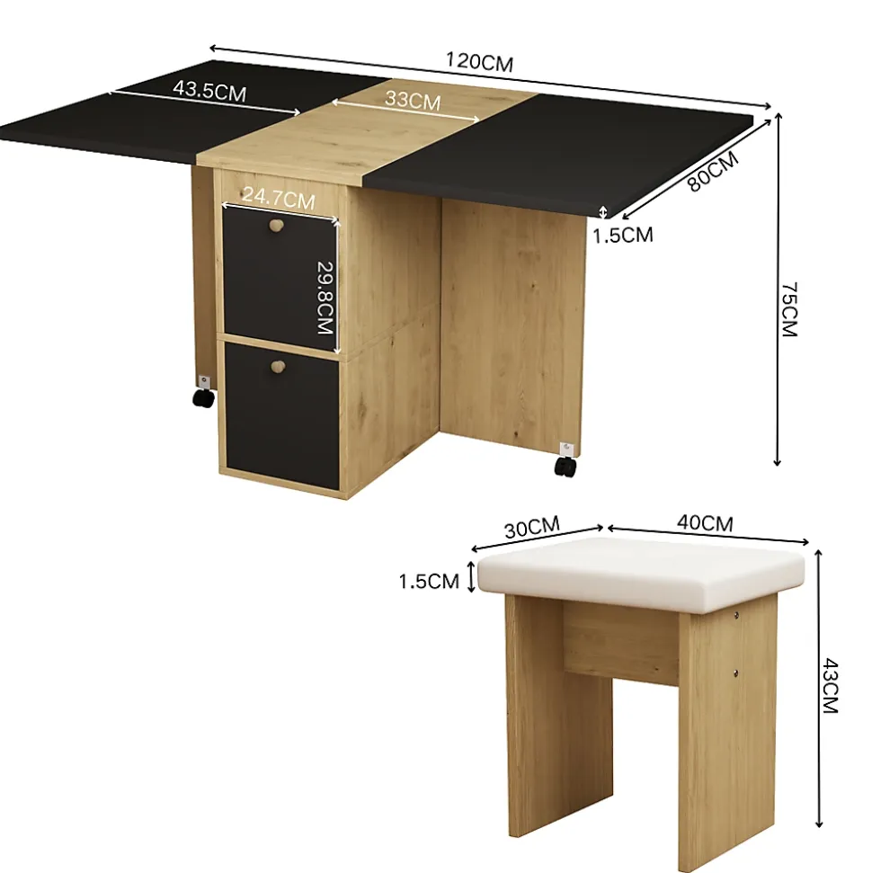 Ensemble Table et Chaises - Table à Manger Extensible 120x80x75 cm avec 4 Chaises - Blanc Chêne Noir