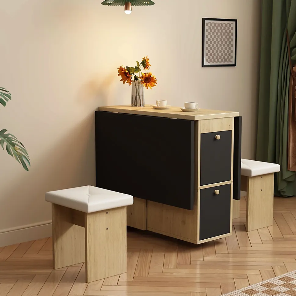 Ensemble Table et Chaises - Table à Manger Extensible 120x80x75 cm avec 4 Chaises - Blanc Chêne Noir